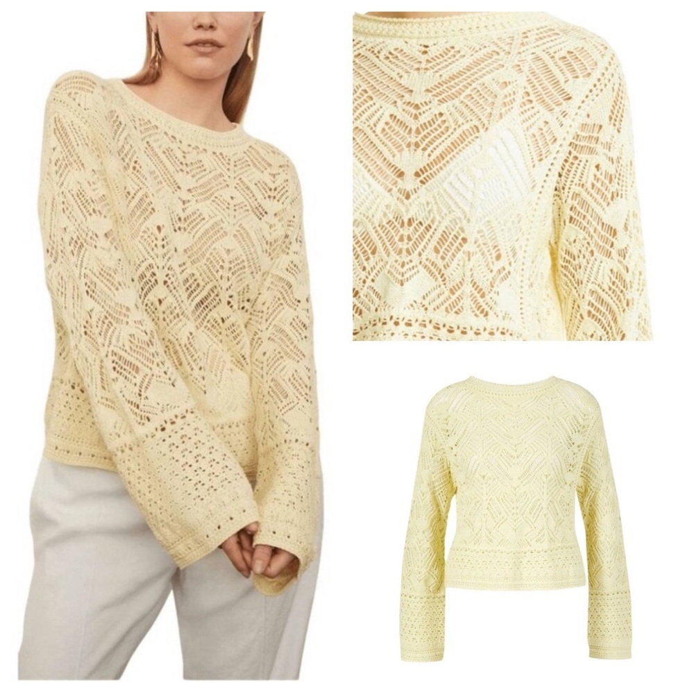 VINCE Pale Lemon Yellow Lace Patchwork Pullover Sweater Size Medium 23375
